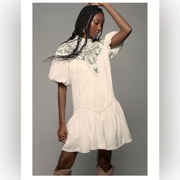 By Anthropologie High-Neck Lace Tunic Mini Dress White Size Medium NwOT - Picture 1 of 6